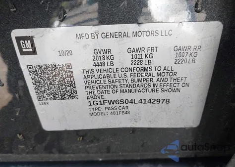 2020 Chevrolet Bolt Ev Fwd Lt z USA, uszkodzony, nr VIN 1G1FW6S04L4142978